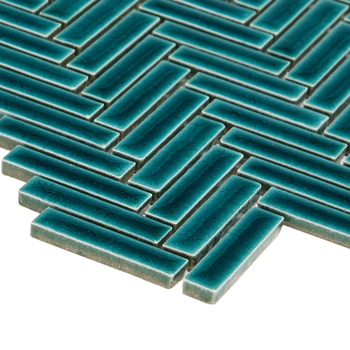 Kai Teal Herringbone Crackled Glossy Porcelain Mosaic Tile - Lux Tile