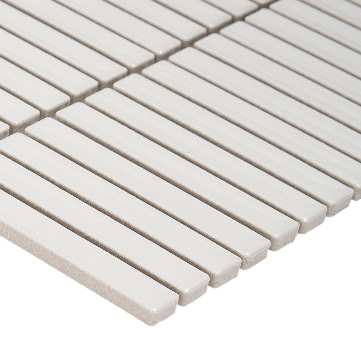 Kai White Glossy Porcelain Mosaic Tile - 1x4" Tri-Stacked Design