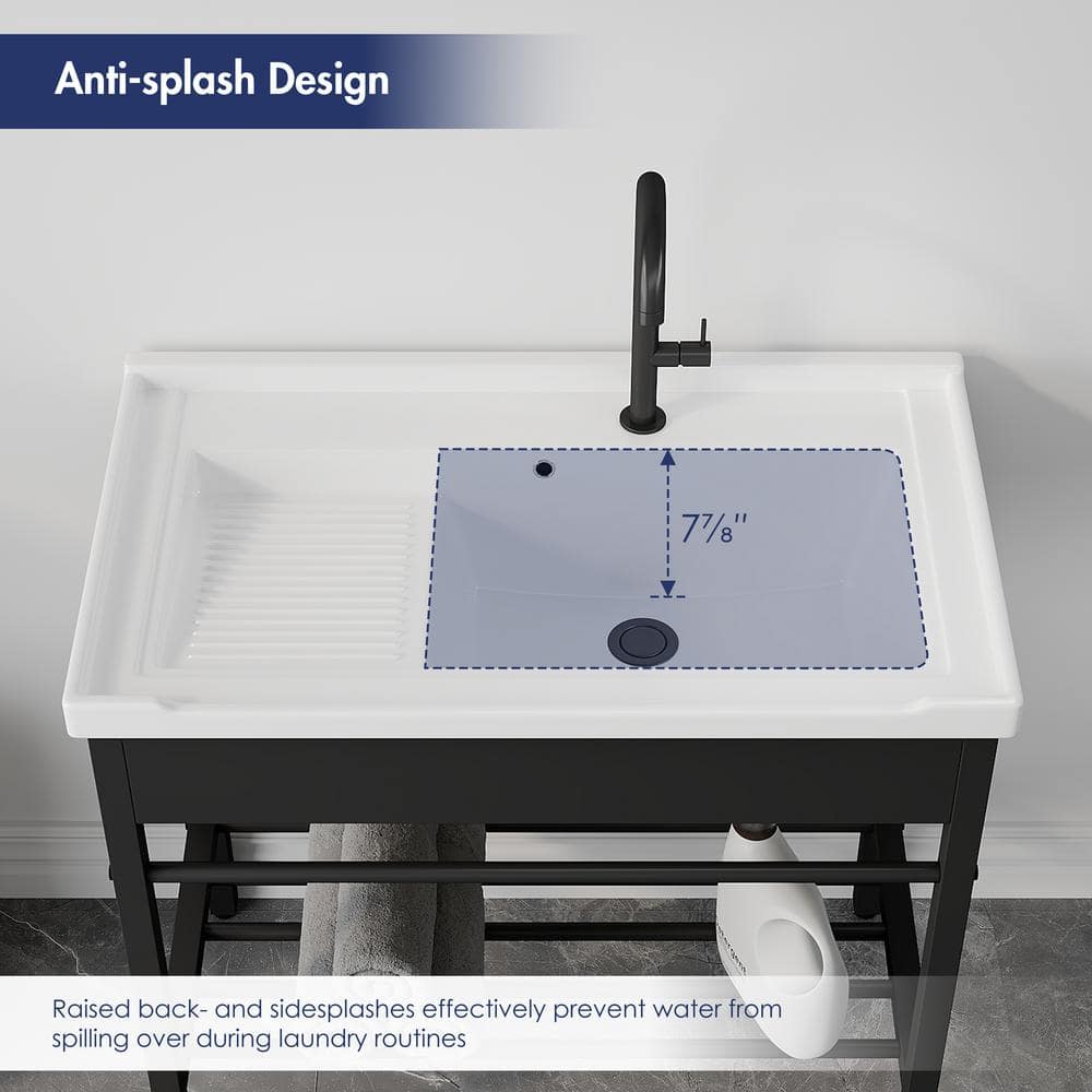 Eridanus Branson 32 in. W x 19 in. D Vitreous China Freestanding Utility/Laundry Sink with Cabinet in White, with Drainboard Set