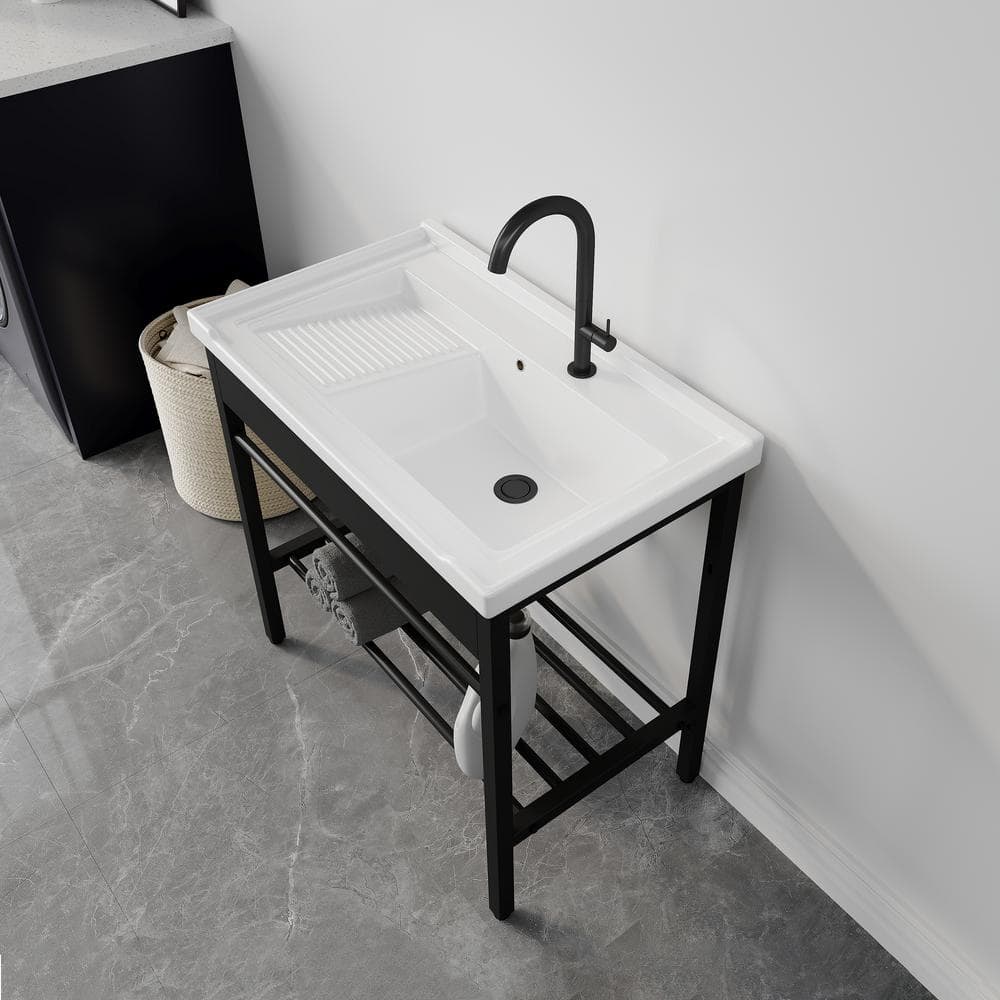 Eridanus Branson 32 in. W x 19 in. D Vitreous China Freestanding Utility/Laundry Sink with Cabinet in White, with Drainboard Set