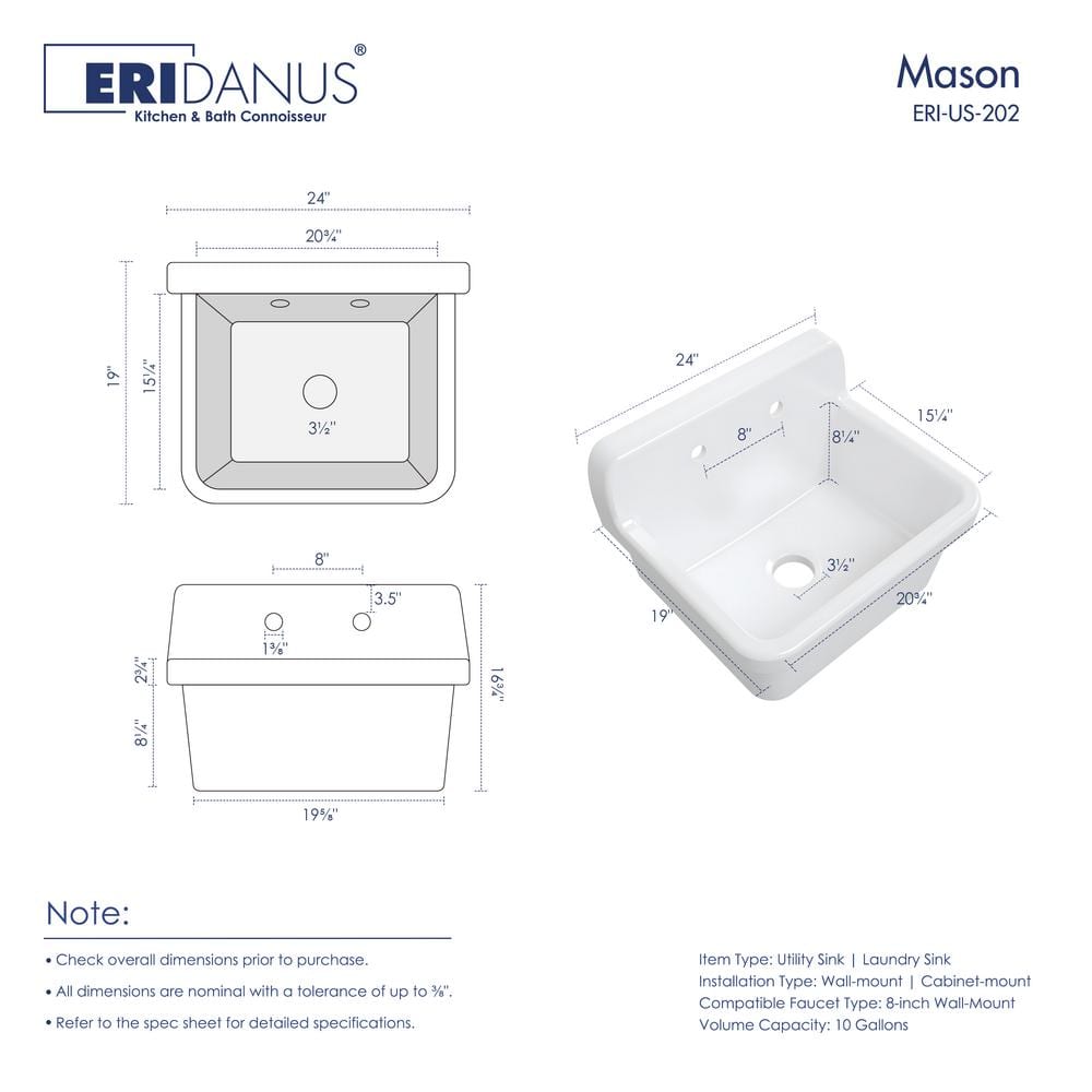 Eridanus Mason Wall Mount Laundry Utility Sink 10 Gallon in Crisp White with Basket Strainer