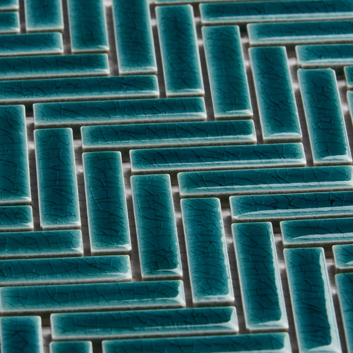 Kai Teal Herringbone Crackled Glossy Porcelain Mosaic Tile - Lux Tile