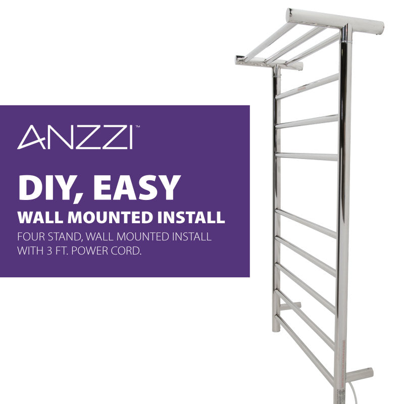 ANZZI Eve 8-Bar Matte Black Plug-In Wall Mounted Electric Towel Warmer with Top Shelf, 23.62 x 9.53 x 39.09 in