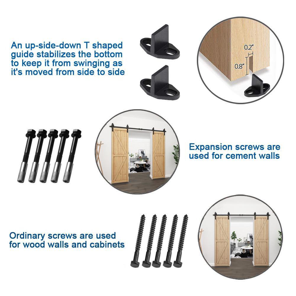 8 ft./96 in. Black Steel Straight Strap Sliding Barn Door Track and Hardware Kit for Double Doors with Floor Guide - Super Arbor