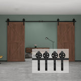 12 ft./144 in. Black Steel Sliding Barn Door Track and Hardware Kit for Double Doors with Floor Guide Bigwheel J Shape) - Super Arbor