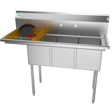 Freestanding Stainless Steel 51 in. 2-Hole Triple Bowl Commercial Kitchen Sink Left Drainboard