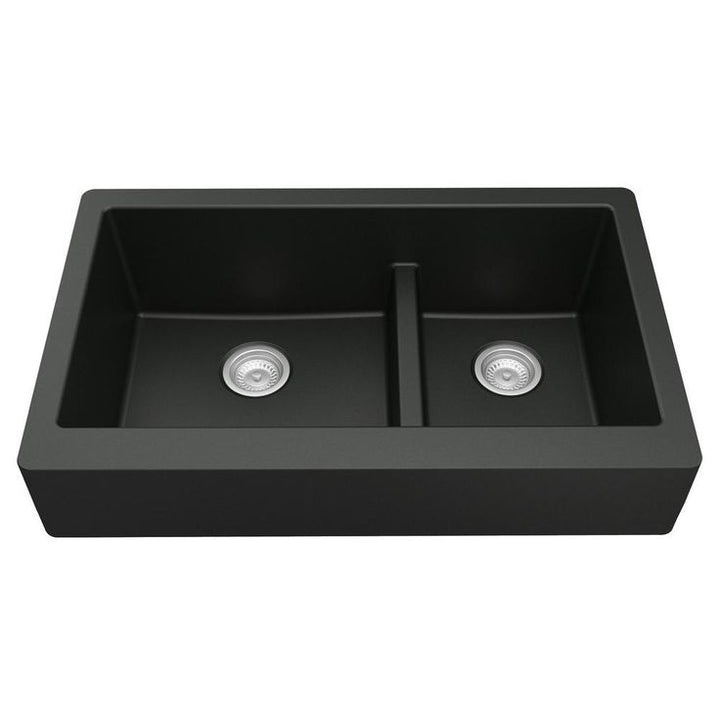 Retrofit Farmhouse/Apron-Front Quartz Composite 34 in. Double Offset Bowl Kitchen Sink in Black
