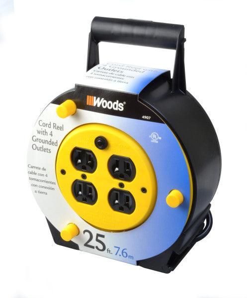 Woods 4907 16/3 25' Black/Yellow SJTW Extension Cord Reel with 4-Outlets