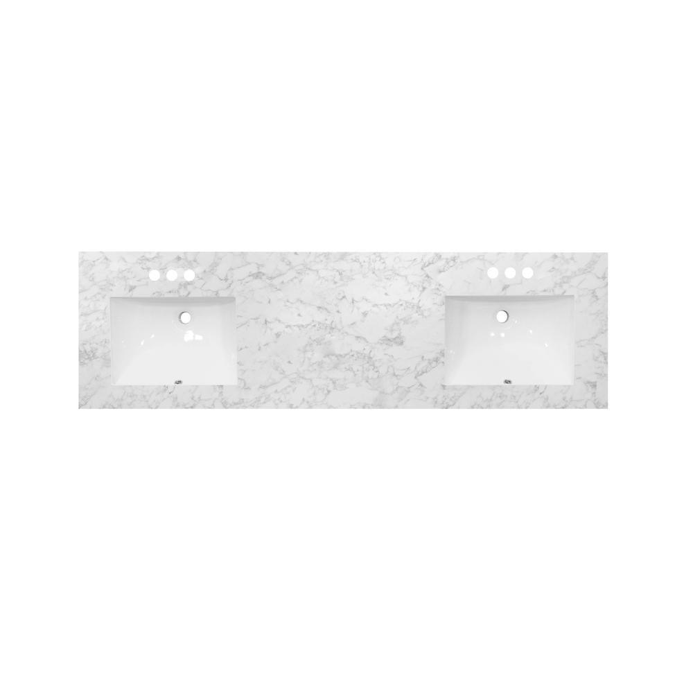 73 in. W x 22 in. Vanity Top in Volakas Marble with Double White Sinks and 4 in. Faucet Spread - Super Arbor