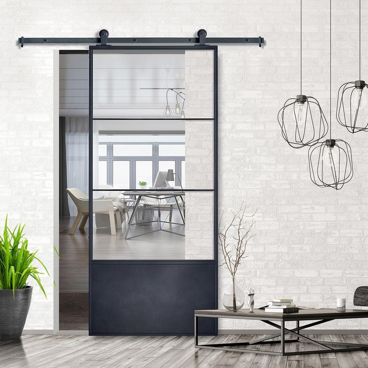 37 in. x 84 in. 3/4 Lite Concorde KD Clear Glass Black Metal Finish Sliding Barn Door with Hardware Kit - Super Arbor