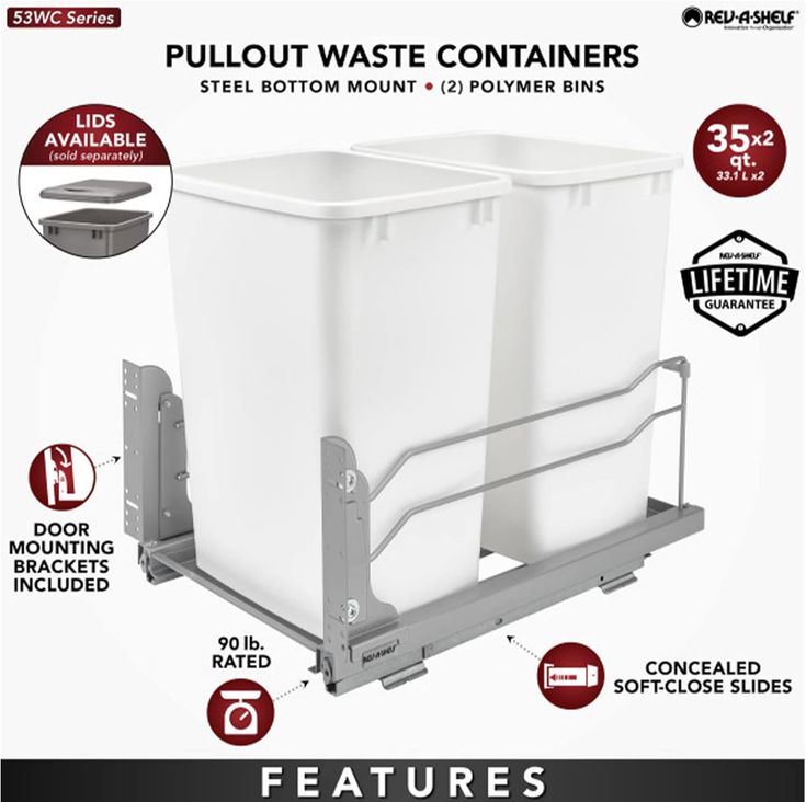 Rev-A-Shelf 35-Quart Plastic Soft Close Pull Out Trash Can