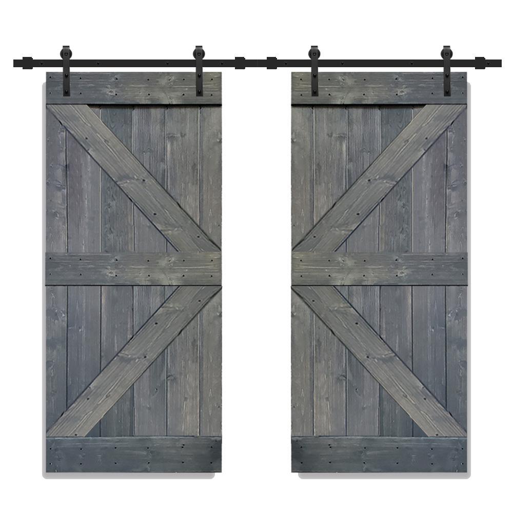K Series 36 in. x 84 in. Gray Stained Solid Knotty Pine Wood Double Interior Sliding Barn Doors with Hardware Kit - Super Arbor
