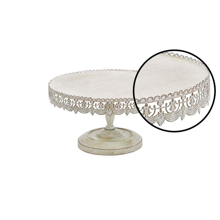 16 in. W x 9 in. H Whitewashed and Rust Brown Round Iron Cake Stand with Floral Bunting Overhang