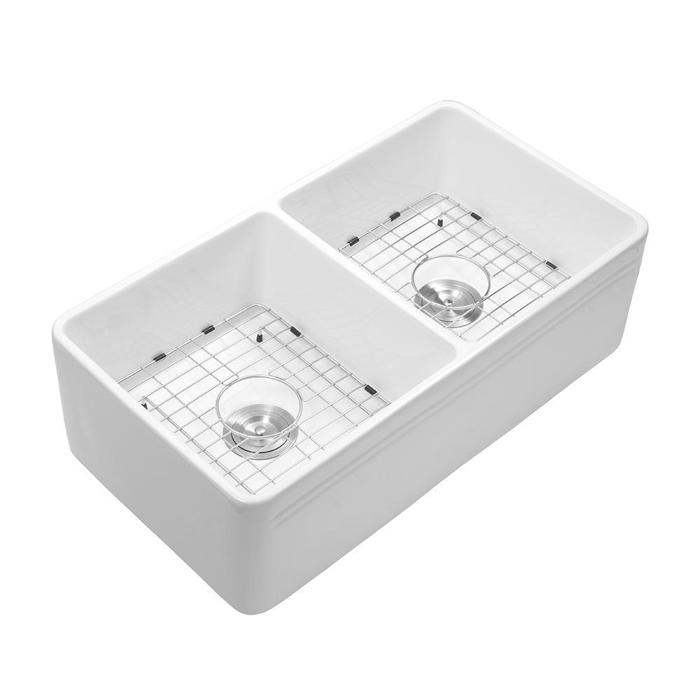 Fireclay 33 in. 50/50 Double Bowl Farmhouse/ Apron-Front Porcelain Ceramic Kitchen Sink in White - Super Arbor