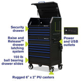 24 in. x 36 in. 10-Drawer Tool Chest and Cabinet Combo with Power and USB Outlets in Black and Blue - Super Arbor