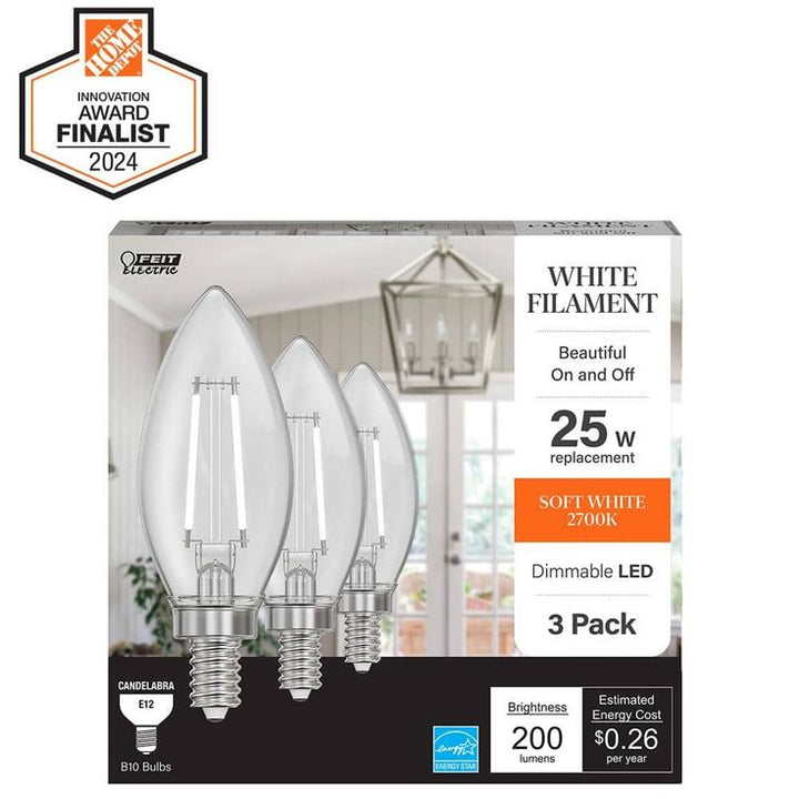 Feit Electric 25-Watt Equivalent B10 Candelabra Dimmable LED Clear Glass Vintage Light Bulb With Spiral Filament Warm White (12-Pack)