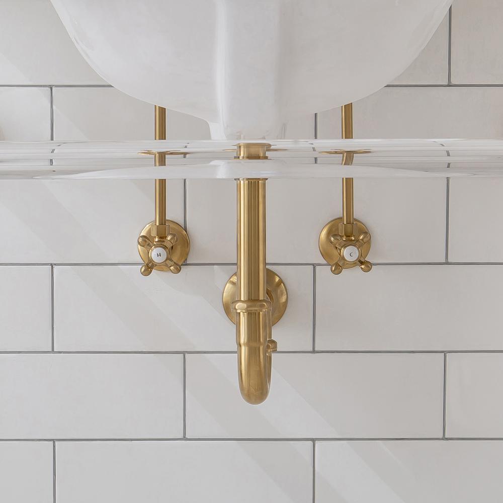 Embassy 30 in. Brass Wash Stand with Satin Brass P-Trap Kit, Faucet, Marble Counter Top, and White Basin - Super Arbor