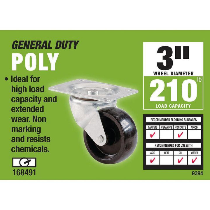 3 in. Polypropylene Swivel Plate Caster with 210 lb. Load Rating