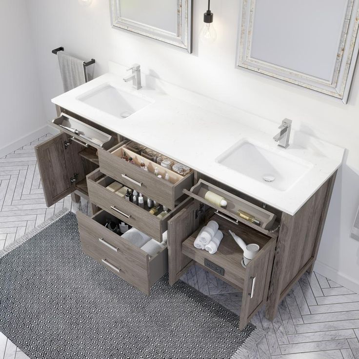 Kali 72 in. W x 22 in. D Bath Vanity in Gray ENGRD Stone Vanity Top in White with White Basin Power Bar and Organizer