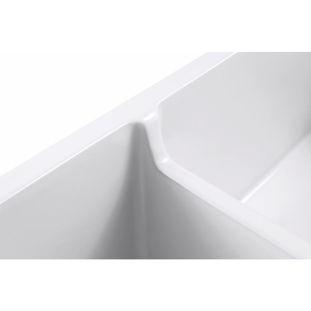 Sutton Place Farmhouse Fireclay 33 in. 55/45 Double Bowl Kitchen Sink with Grid with Grid and Strainer - Super Arbor