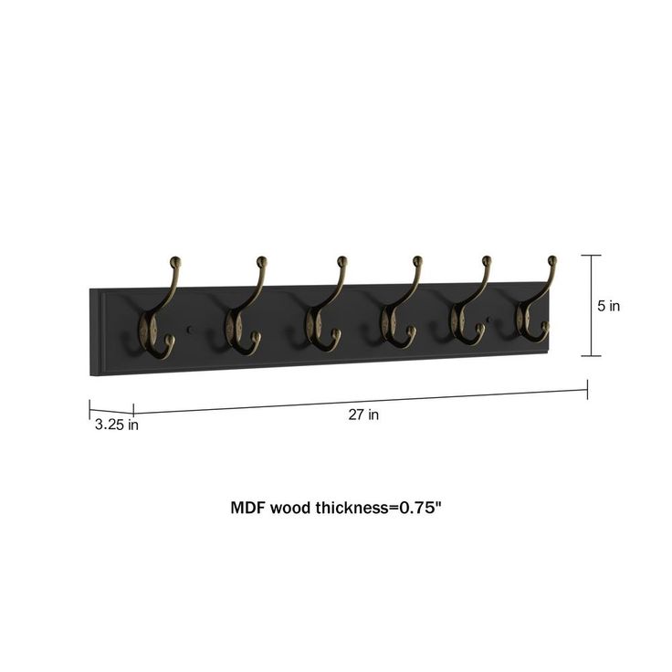 27 in. L Black Rail-Mounted Wall Hook Hanging Rack with 6 Hooks