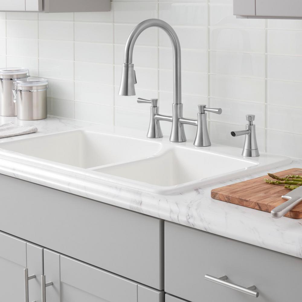Selma 2-Handle Pull-Down Sprayer Bridge Kitchen Faucet with Soap Dispenser in Stainless Steel - Super Arbor