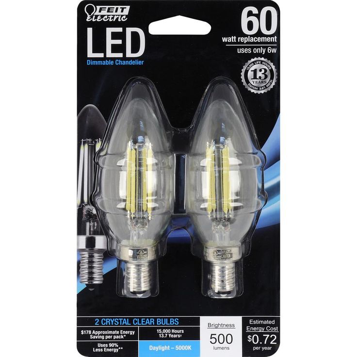 Feit Electric 60-Watt Equivalent B10 Candelabra Dimmable Filament Clear Glass Chandelier LED Light Bulb, Daylight (12-Pack)