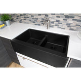 Farmhouse Apron Front Quartz Composite 34 in. Double Bowl Kitchen Sink in Black - Super Arbor