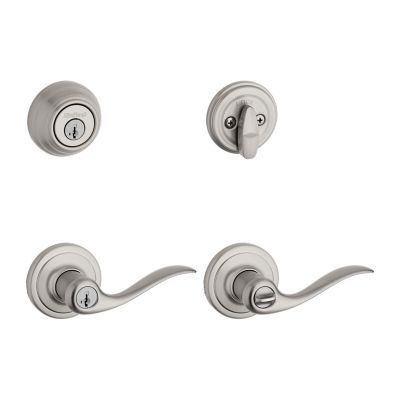 Kwikset Tustin Satin Nickel Smartkey Single-Cylinder Deadbolt Universal Keyed Entry Door Handle Combo Pack (1 Handle and 1 Deadbolt)