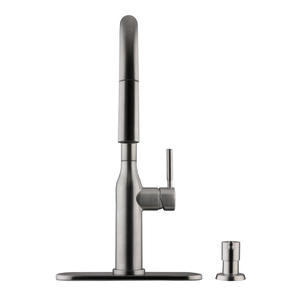 Upson Single-Handle Touchless Pull-Down Kitchen Faucet with TurboSpray and FastMount and Soap Dispenser in Stainless - Super Arbor
