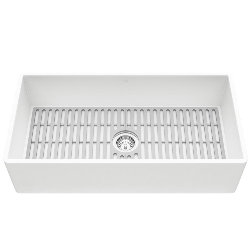 Matte Stone White Composite 33 in. Single Bowl Reversible Flat Farmhouse Apron-Front Kitchen Sink with Strainer - Super Arbor