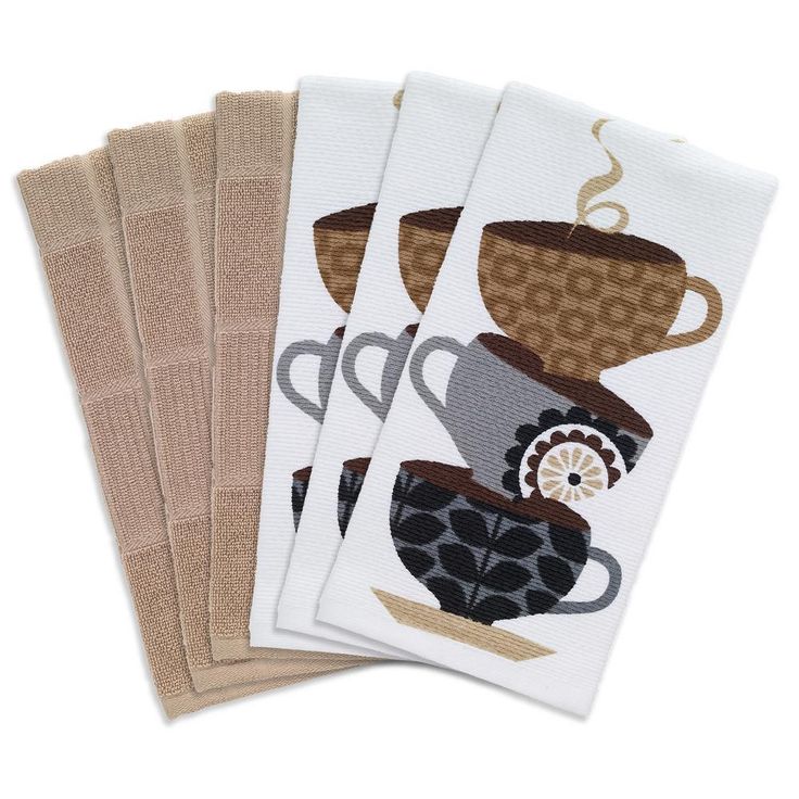 T-fal Multicolor Coffee Cups Cotton Print Dual and Solid Kitchen Dish Towel (Set of 6)
