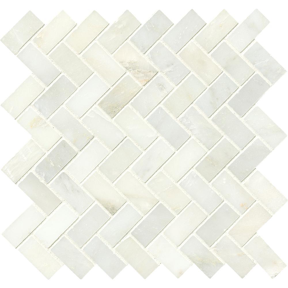 Greecian White Herringbone Pattern 12 in. x 12 in. x 10 mm Polished Marble Mesh-Mounted Mosaic Tile (10 sq. ft./case) - Super Arbor