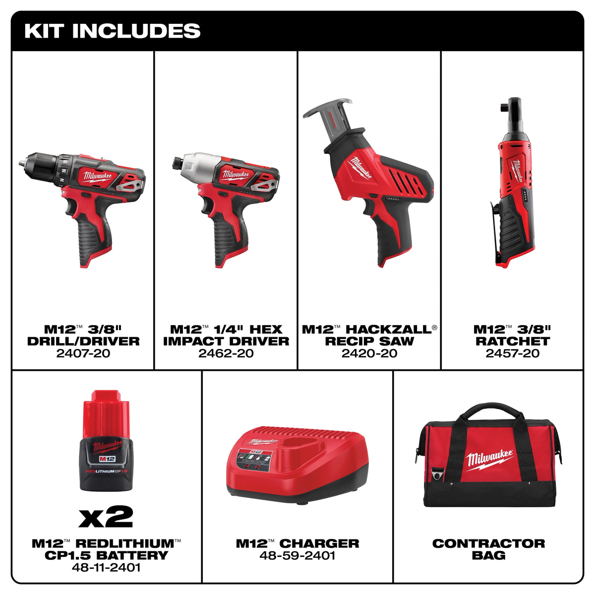 Milwaukee M12 12V Li-Ion Cordless 4-Tool Combo Kit with (2) 1.5Ah Batteries, Charger + PACKOUT Hole Saw Set (10‑Pc)