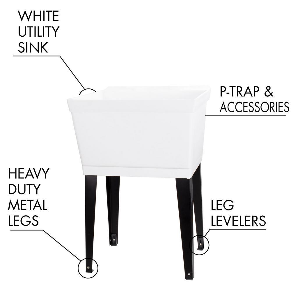 22.875 in. x 23.5 in. White 19 gal. Thermoplastic Utility Sink Kit with Black Metal Legs, P-Trap and Supply Lines - Super Arbor