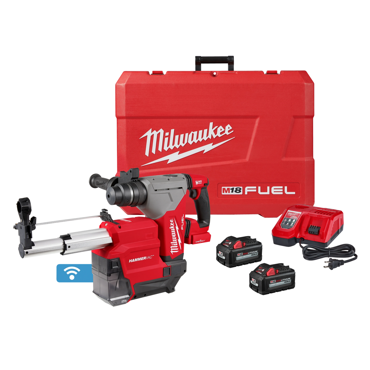 Milwaukee M18 FUEL 18V Lithium-Ion Brushless 1-1/8 in. Cordless SDS-Plus Rotary Hammer & HAMMERVAC Dust Extractor Kit with Brushless Grinder, 2x XC6.0 Batteries