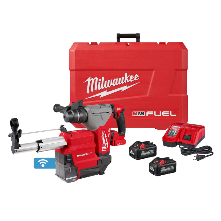 Milwaukee M18 FUEL 18V Lithium-Ion Brushless 1-1/8 in. Cordless SDS-Plus Rotary Hammer & HAMMERVAC Dust Extractor Kit with Brushless Grinder, 2x XC6.0 Batteries