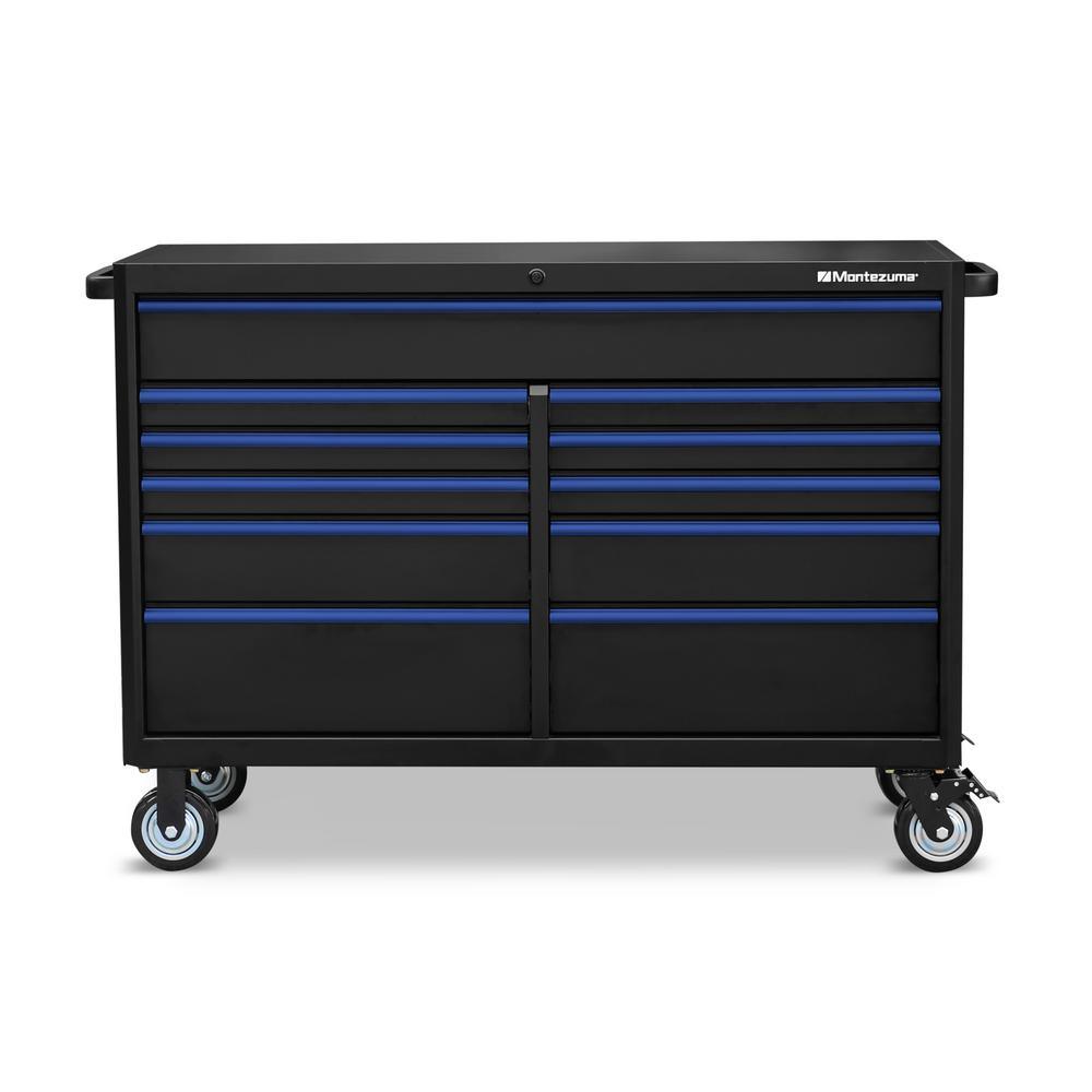56 in. x 24 in. 11-Drawer Roller Cabinet Tool Chest with Power and USB Outlets in Black and Blue - Super Arbor