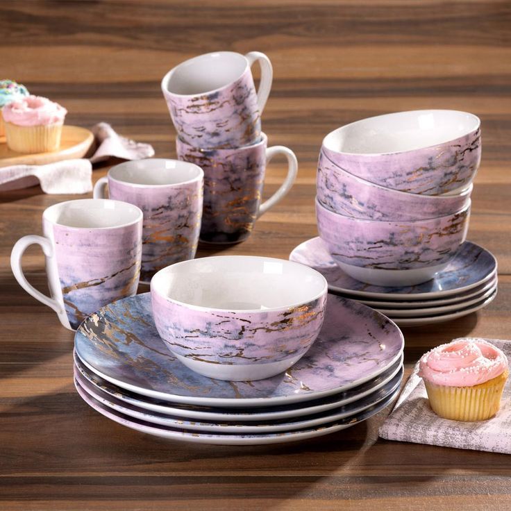 16-Piece Casual Purple and Gold Ceramic Dinnerware Set (Service for 4)