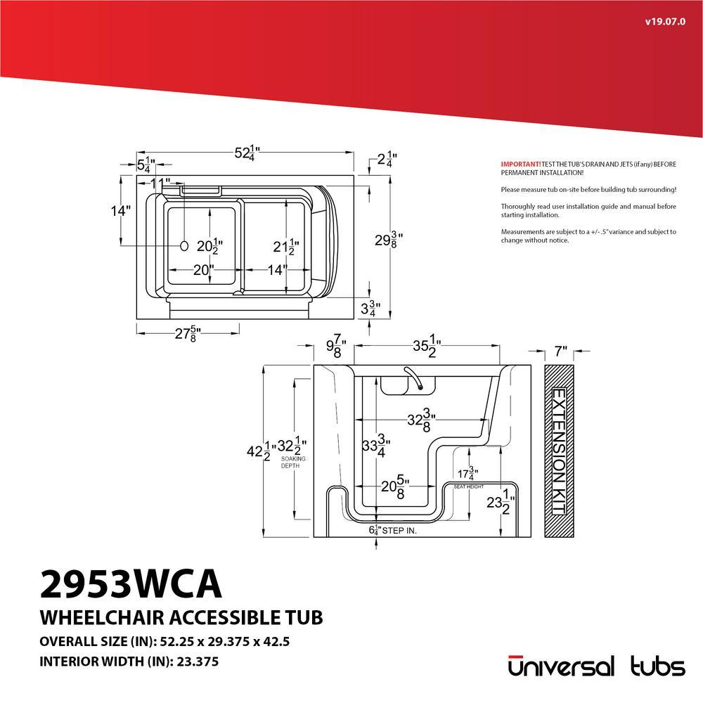 HD Series 29 in. x 53 in. Left Drain Wheelchair Access Walk-In Soaking Bathtub in White - Super Arbor