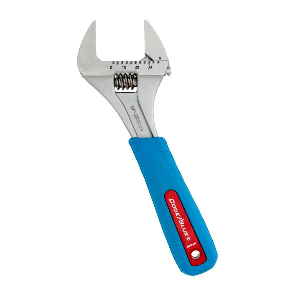 Slim Jaw WideAzz 8 in. Adjustable Wrench with Code Blue Comfort Grip - Super Arbor