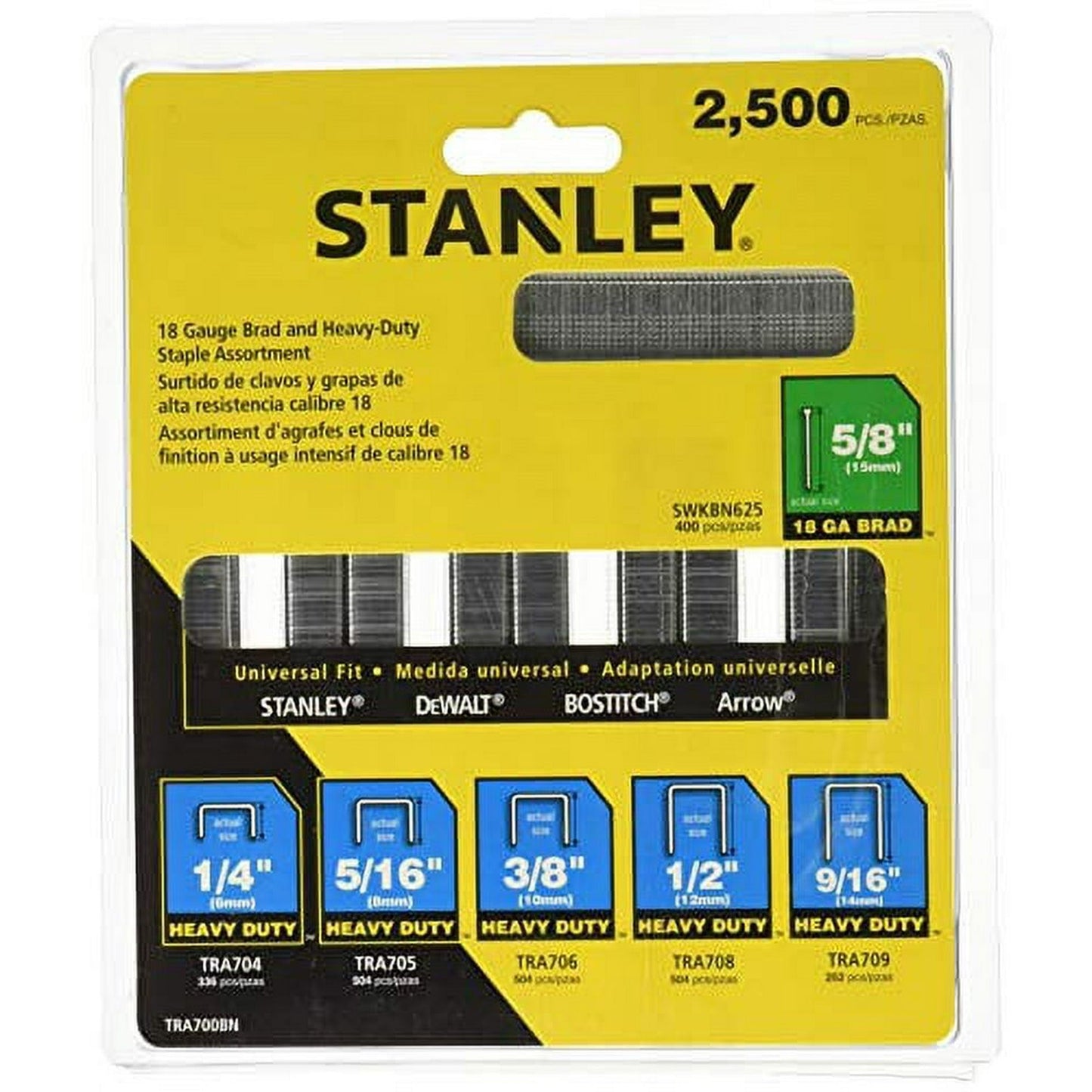 STANLEY TRA700BN 18-Gauge Heavy-Duty Narrow Crown Staple & 5/8 in Brad Assortment, 2,500-Count