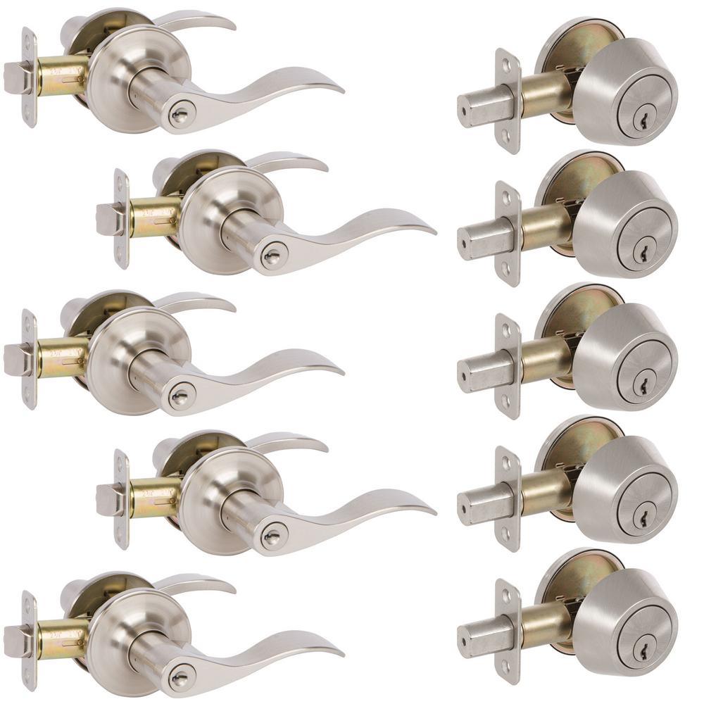 5-Bennett Satin Nickel Entry Door Levers and 5-Satin Nickel Single Cylinder Deadbolt All Keyed Alike - Super Arbor