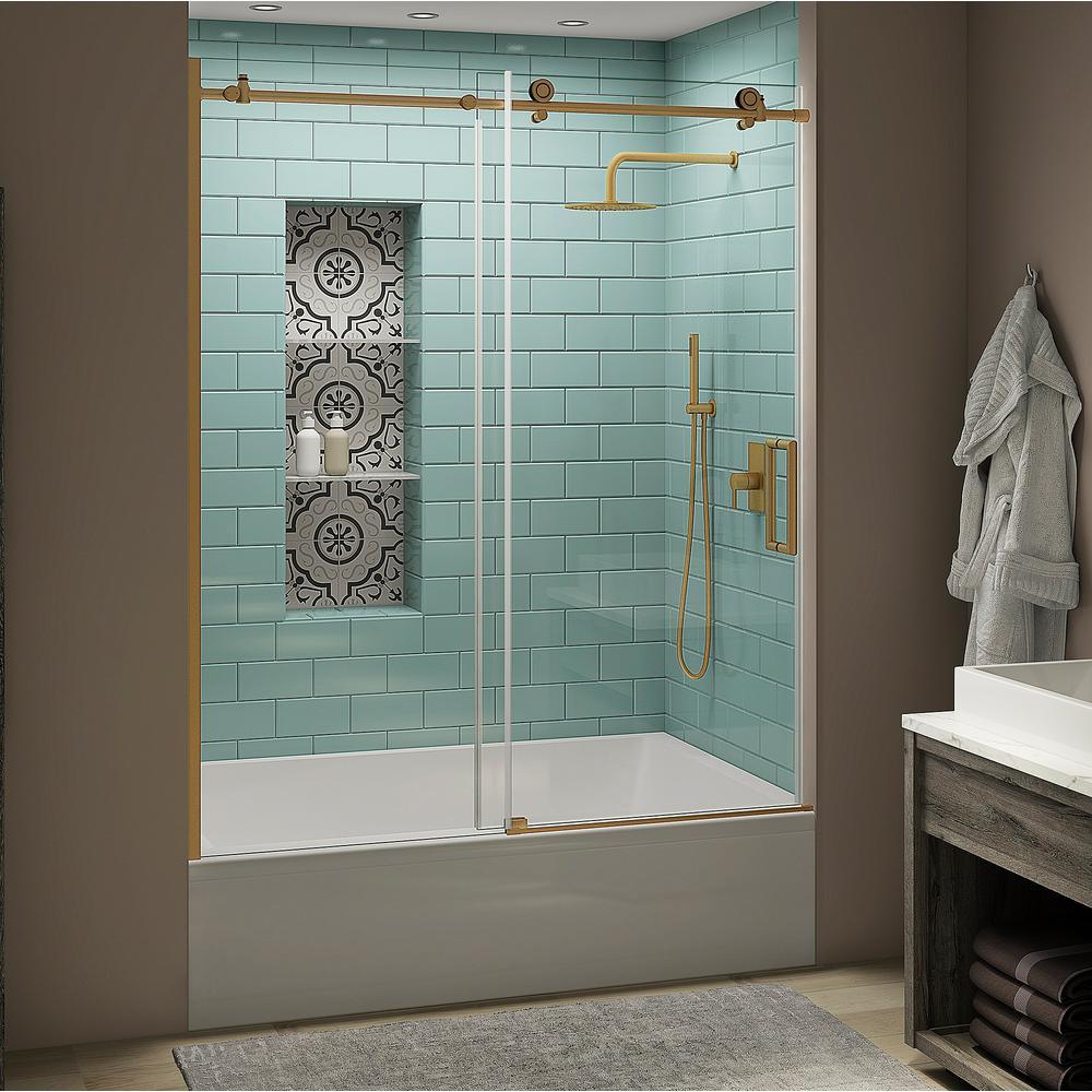 Coraline XL 56 - 60 in. x 70 in. Frameless Sliding Tub Door with StarCast Clear Glass in Stainless Steel, Left Opening - Super Arbor