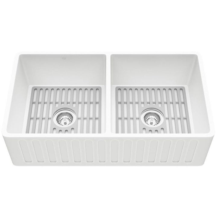 Matte Stone White Composite 33 in. Double Bowl Farmhouse Apron-Front Kitchen Sink Set with Strainers and Silicone Grids