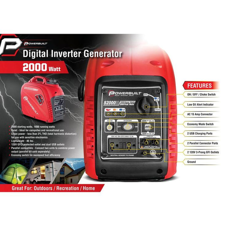 Powerbuilt 2,000-Watt Portable Gasoline Pull Start Powered Inverter Generator with Quiet Operation and Low THD