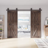 12 ft. /144 in. Frosted Black Sliding Barn Door Track and Hardware Kit for Double Doors with Non-Routed Floor Guide - Super Arbor