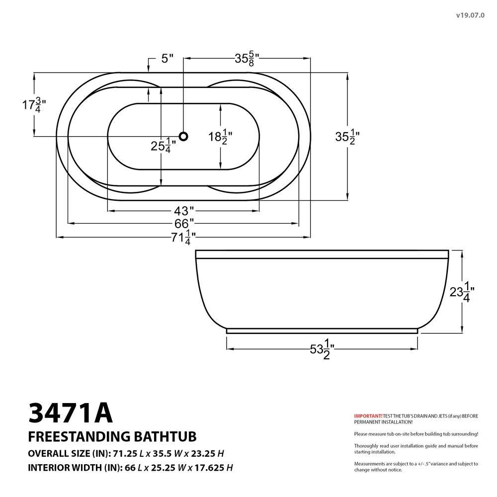 Agate Diamond Series 6 ft. Acrylic Center Drain Flatbottom Whirlpool Freestanding Bathtub in White - Super Arbor