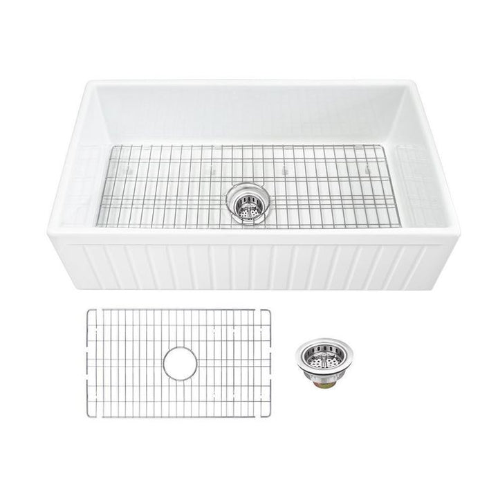 Farmhouse Apron Front Fireclay 33 in. Fluted Single Bowl Kitchen Sink in White with Grid and Strainer