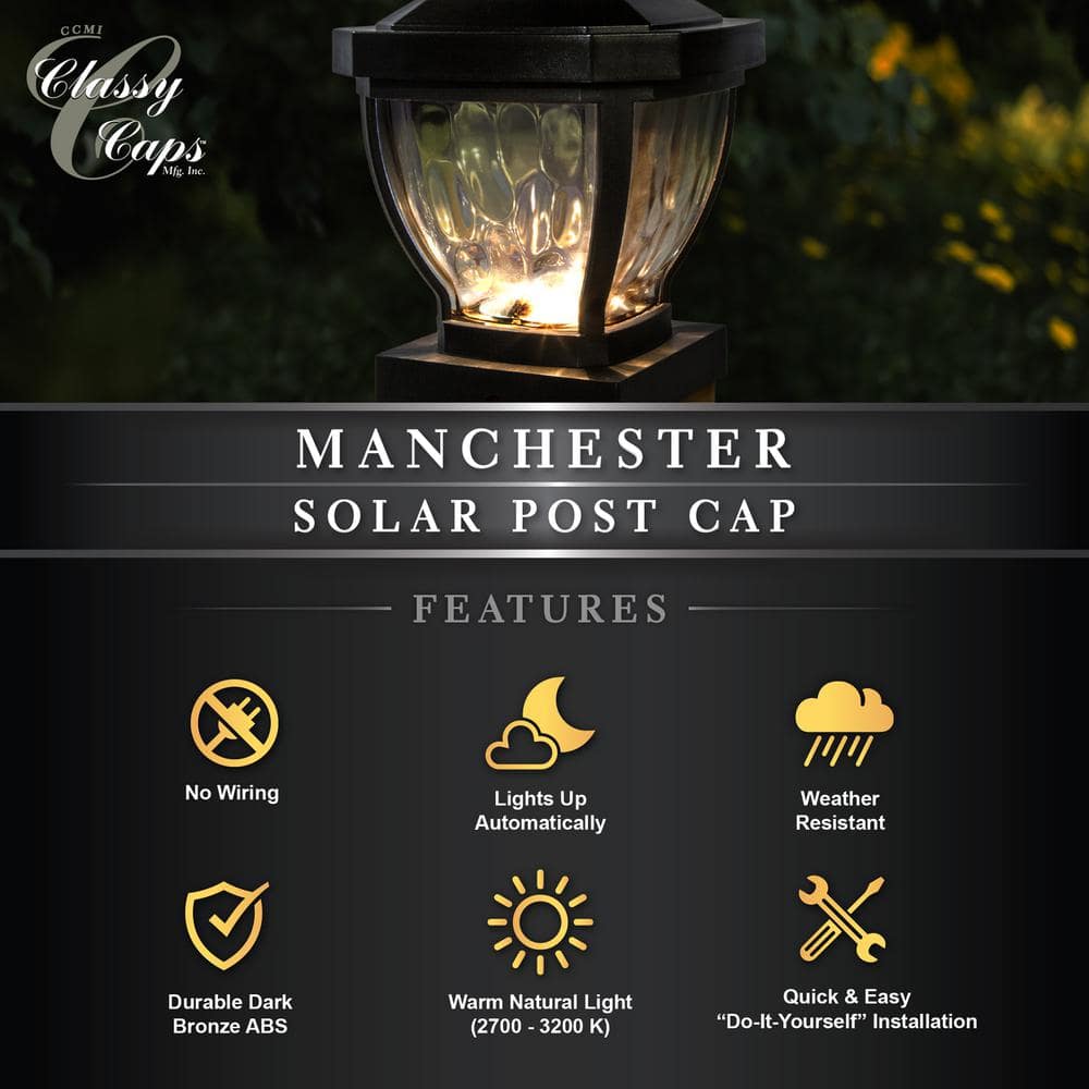 CLASSY CAPS Manchester 4 in. x 4 in. Dark Bronze ABS Plastic Outdoor LED Solar Post Cap (2-Pack)